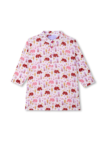 Pink Elephant Courtyard Girls Kurta Pajama Set
