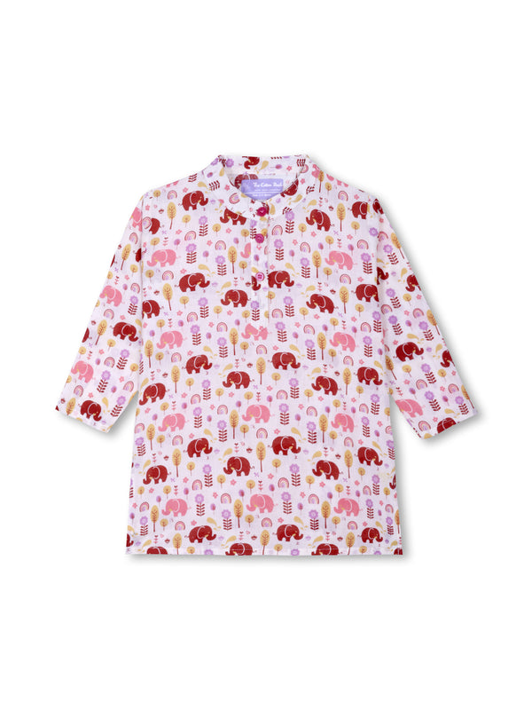 Pink Elephant Courtyard Girls Kurta Pajama Set
