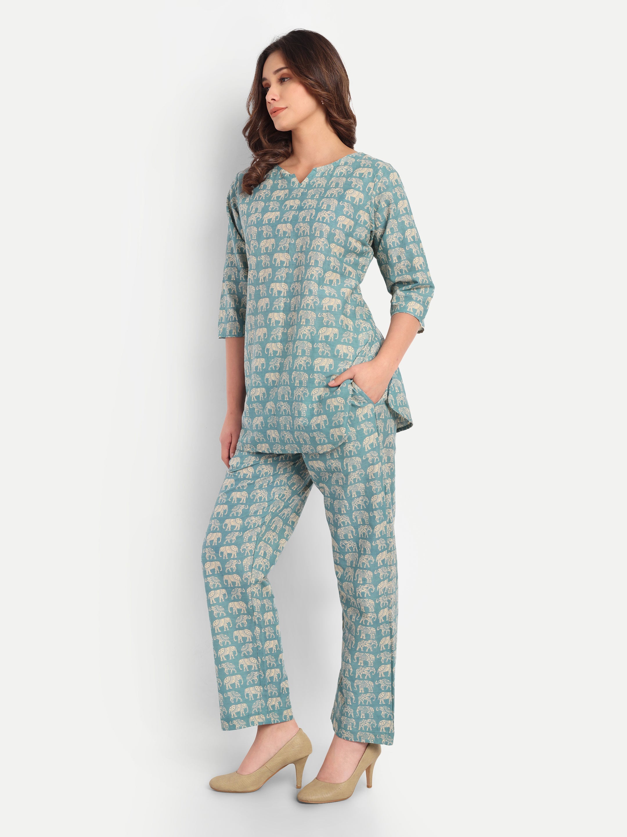 Royal Elephants – Powder Blue – 100% Cotton Loungewear Set