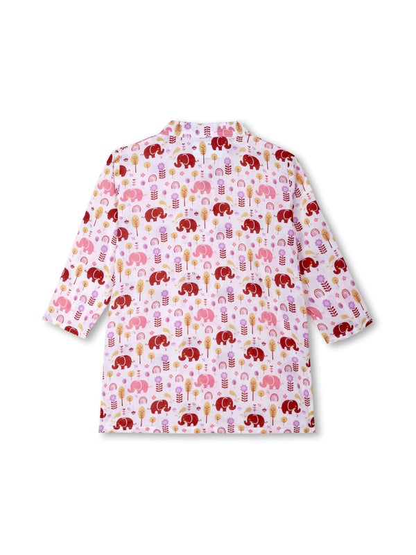Pink Elephant Courtyard Girls Kurta Pajama Set