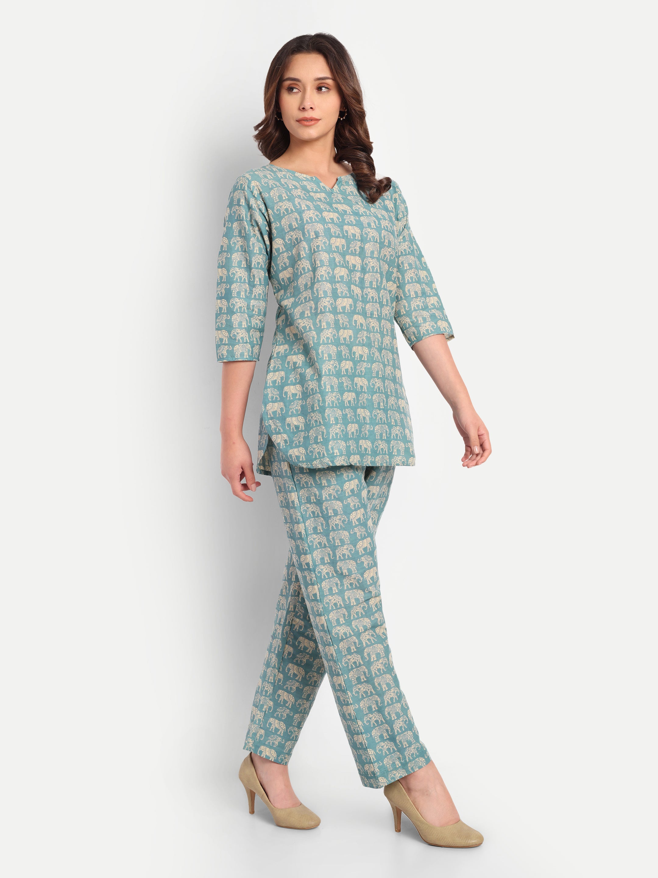 Royal Elephants – Powder Blue – 100% Cotton Loungewear Set