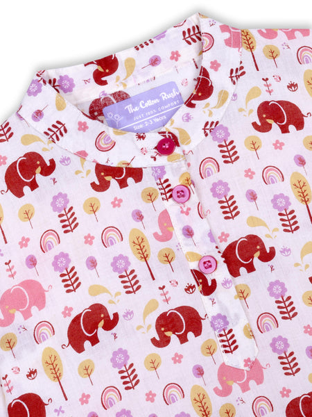 Pink Elephant Courtyard Girls Kurta Pajama Set