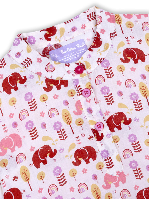 Pink Elephant Courtyard Girls Kurta Pajama Set