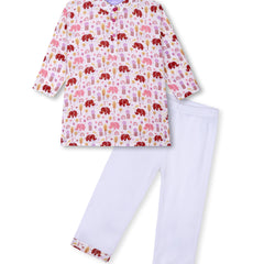 Pink Elephant Courtyard Girls Kurta Pajama Set