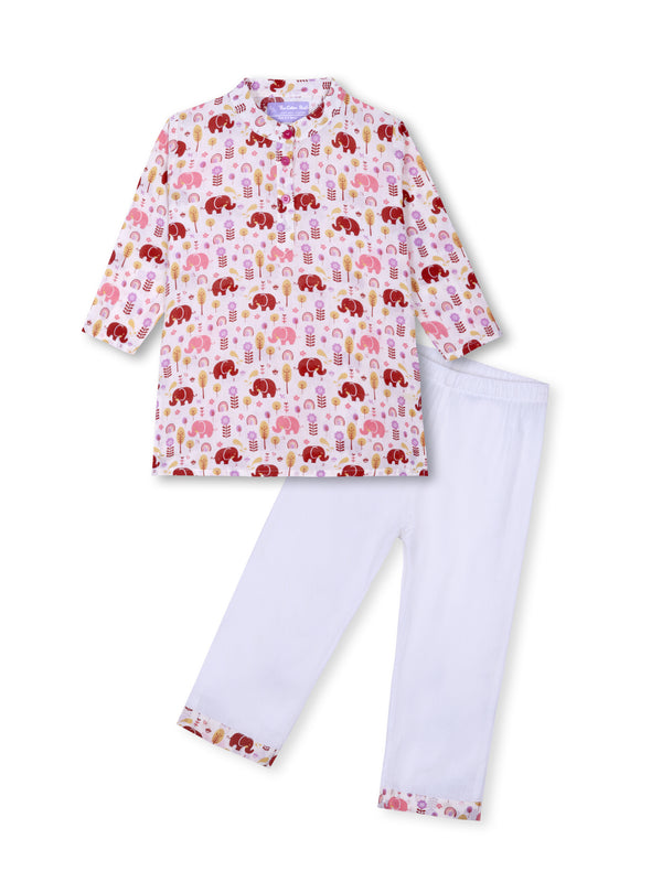Pink Elephant Courtyard Girls Kurta Pajama Set