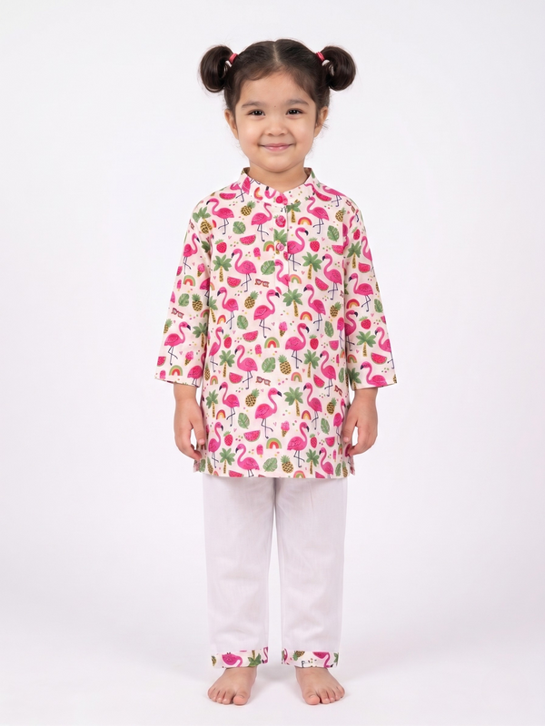 Flamingo Fiesta Girls Kurta Pajama Set