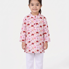 Pink Elephant Courtyard Girls Kurta Pajama Set