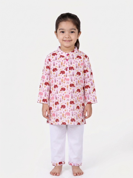 Pink Elephant Courtyard Girls Kurta Pajama Set